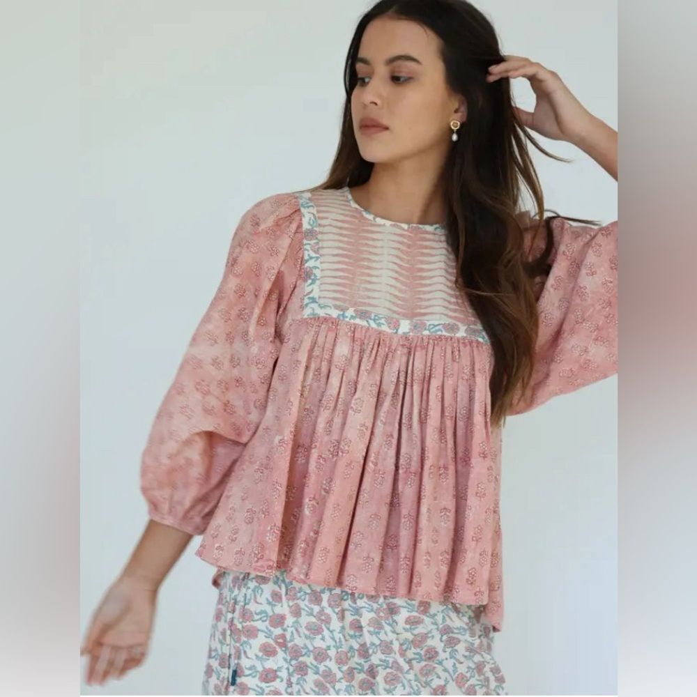 New Kopal Rose Hand Block Floral Print Prairie Peasant Blouse Top Shirt size XL